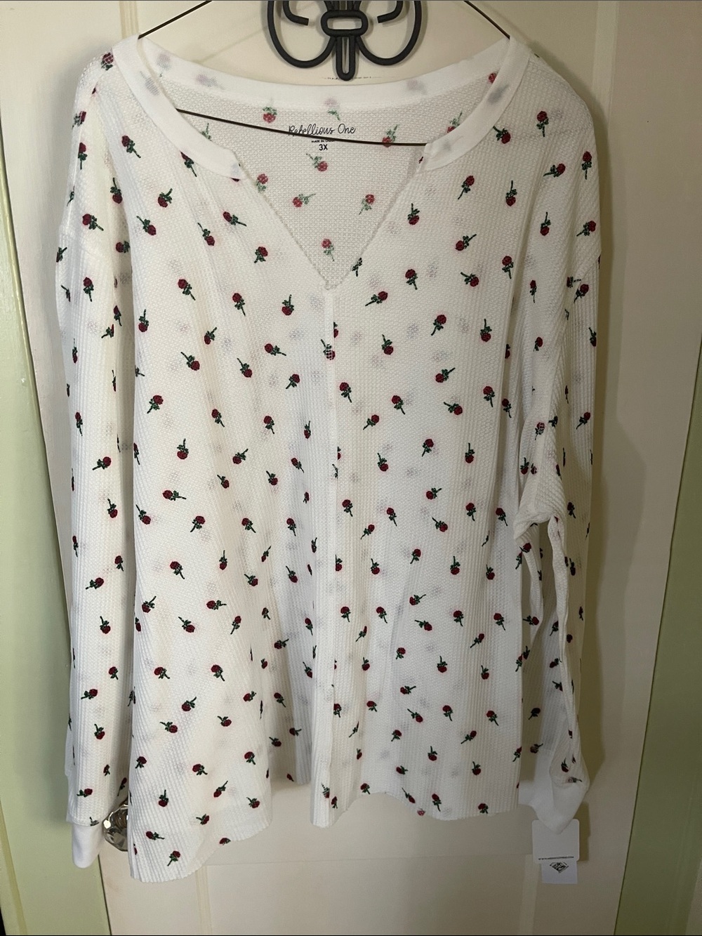 Rebellious One Plus Size White Waffle Knit Long Sleeve Top with Red Rose Print